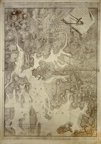 新英格兰波士顿及其周边地区的规划, 包括弥尔顿, 多尔切斯特, 罗克斯伯里, 布鲁克林(原文如此), 剑桥, 梅德福, 查尔斯顿, 马尔登和切尔西的部分地区, with the Military Works Constructed in those Places in the Years 1775 and 1776 Facsimile map