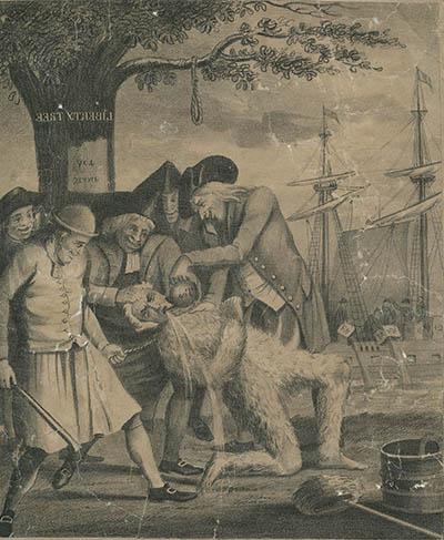 波士顿人付钱给税务人员或焦油 & Feathering; Copied on stone by D. C. 约翰斯顿，1774年在伦敦出版的平版版画